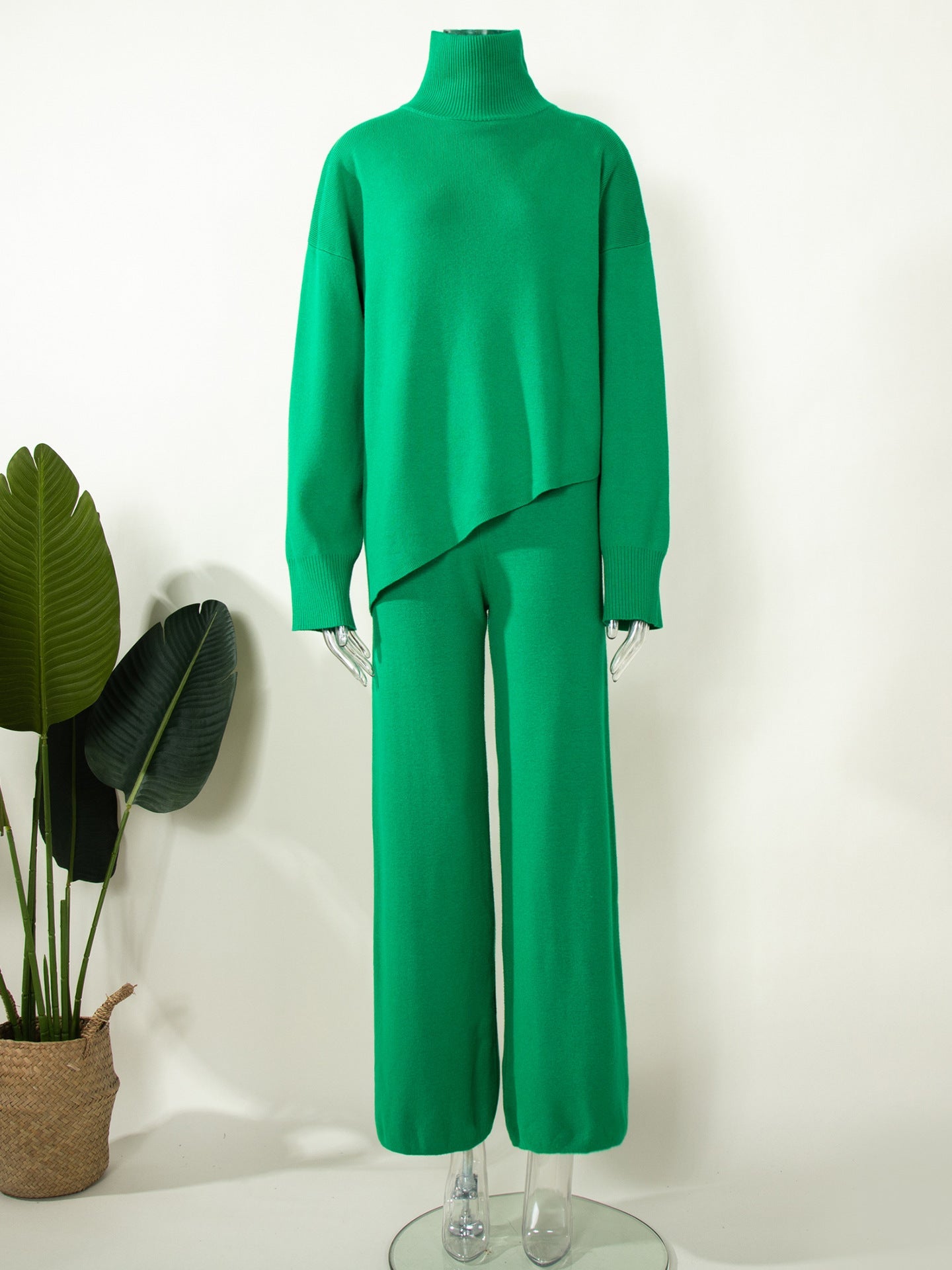 Half Turtleneck Irregular Asymmetric Sweater Suit Beveled Sweater Knitted Wide Leg Pants