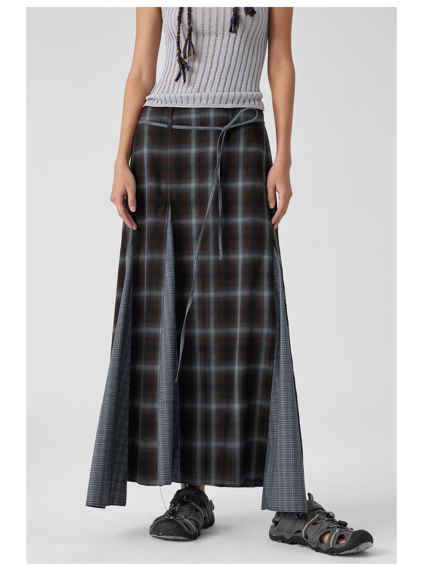 Plaid Asymmetric Panel Mermaid Long Skirt