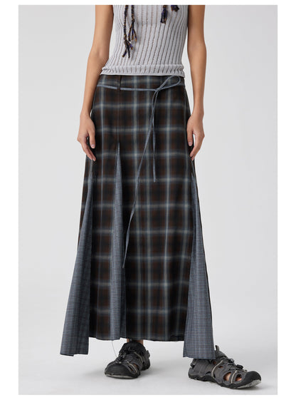 Plaid Asymmetric Panel Mermaid Long Skirt