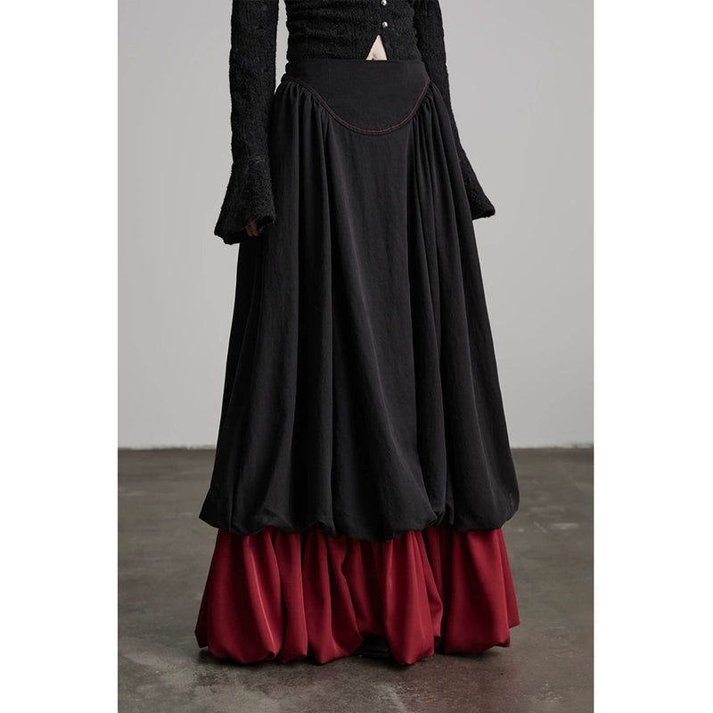 Black Patchwork Faux Two-piece A-line Skirt