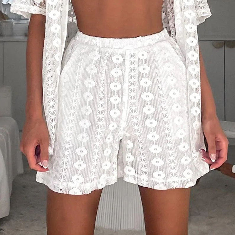 White Lace Hollow Out Cutout Short Sleeve Cardigan Shorts Two Piece Set