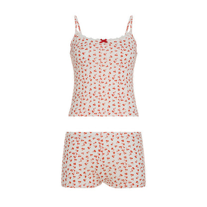 Little Cherry Print Stitching Lace Girl Pajamas Pajamas Shorts Two Piece Set