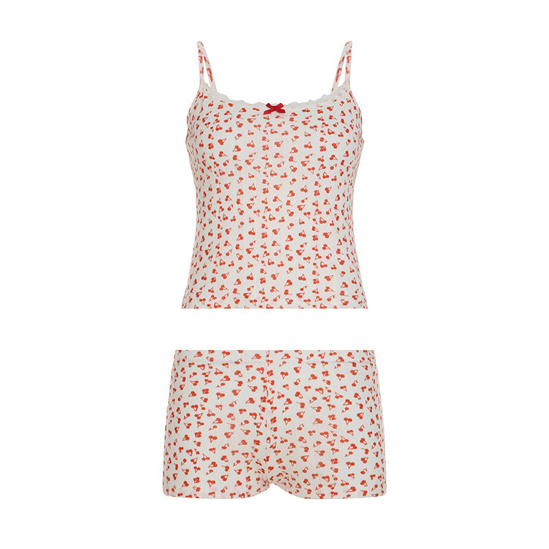 Little Cherry Print Stitching Lace Girl Pajamas Pajamas Shorts Two Piece Set