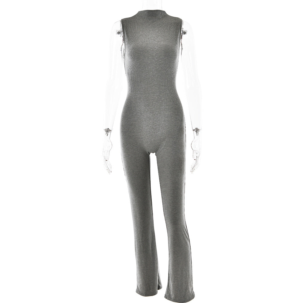 Jumpsuit Round Neck Sleeveless Color Bell Bottom Pants Tights Sports