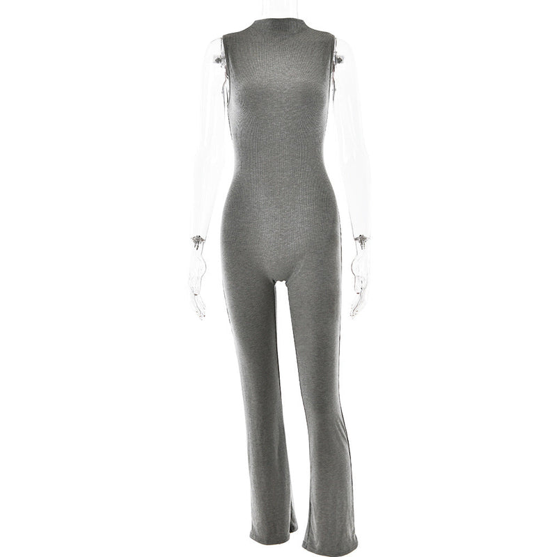 Jumpsuit Round Neck Sleeveless Color Bell Bottom Pants Tights Sports