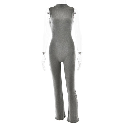 Jumpsuit Round Neck Sleeveless Color Bell Bottom Pants Tights Sports