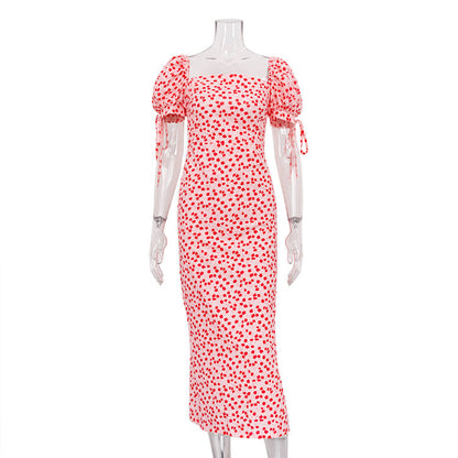 French Clothing Summer Holiday Dress Puff Sleeve Off Neck Slim Fit Long Dress
