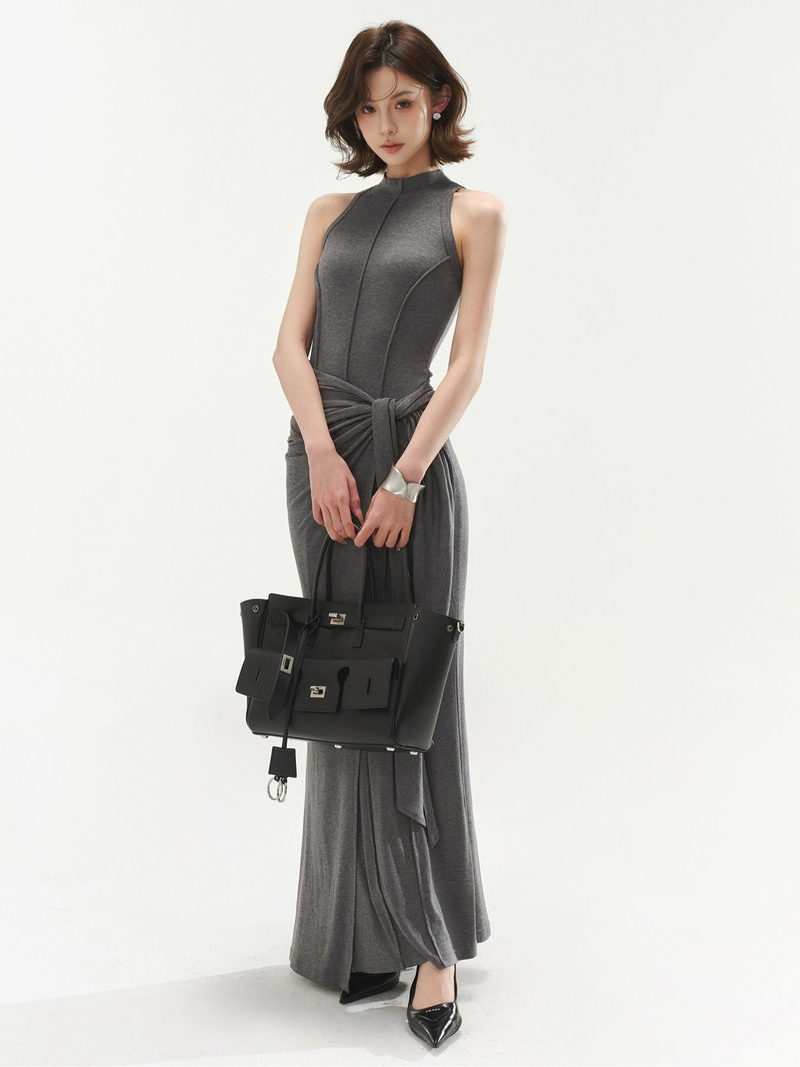 Sleeveless Mock Neck Maxi Dress With Tie Waist