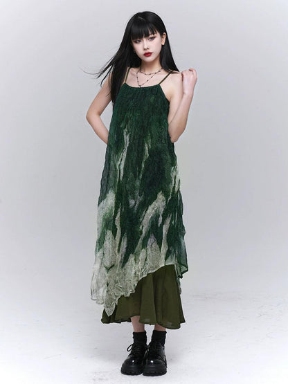 Ladyghost Forest Sprite Layered Maxi Dress - Green Ombre Tie-dye Slip Dress With Asymmetrical Hem
