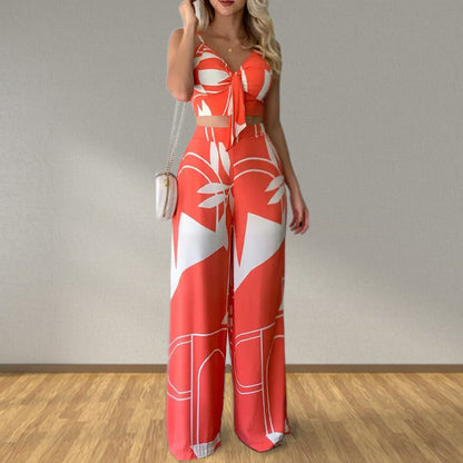 Clothing Summer Tube Top Lace Up Loose Wide Leg Pants Printing Set
