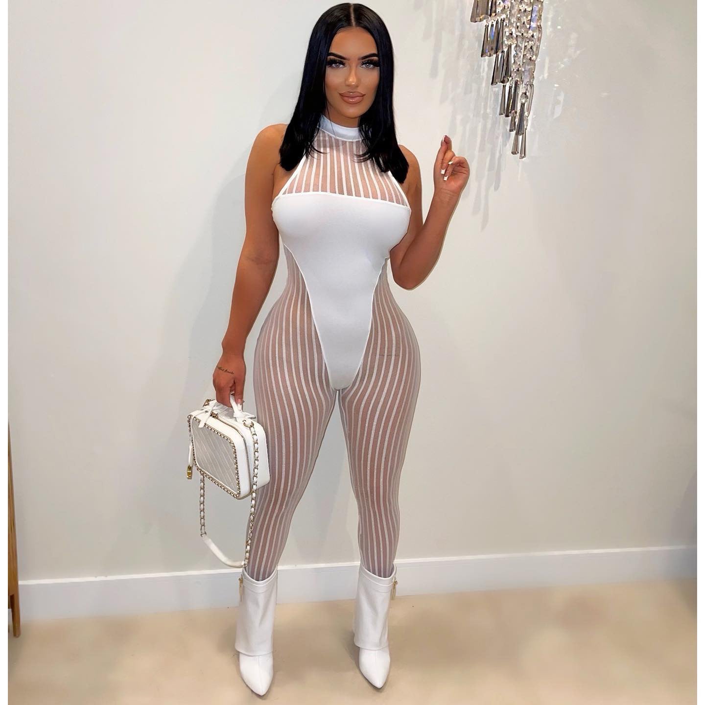 Clothing Mesh Stripes Stitching Jumpsuit