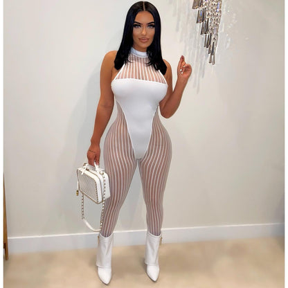 Clothing Mesh Stripes Stitching Jumpsuit