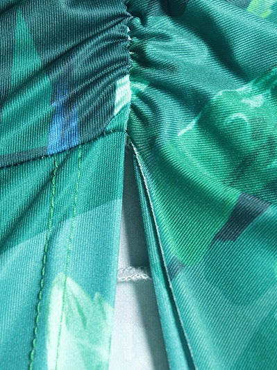 Print Halterneck Ruched Ruffle Slit Maxi Dress