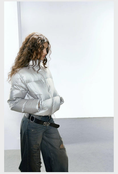 Strike a Pose Cropped Puffer Jacket - Pastel Quilted Down Coat With Zip Front and Ruched Pockets