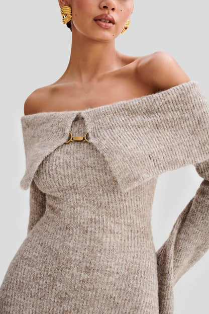 Slim Fitted Off-shoulder Long Sleeve Sweater Dress