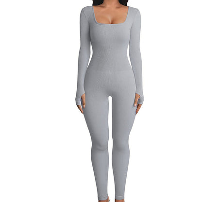 Clothing Jumpsuit Autumn Winter Thread Square Collar Hip Raise Slim Fit Jumpsuit