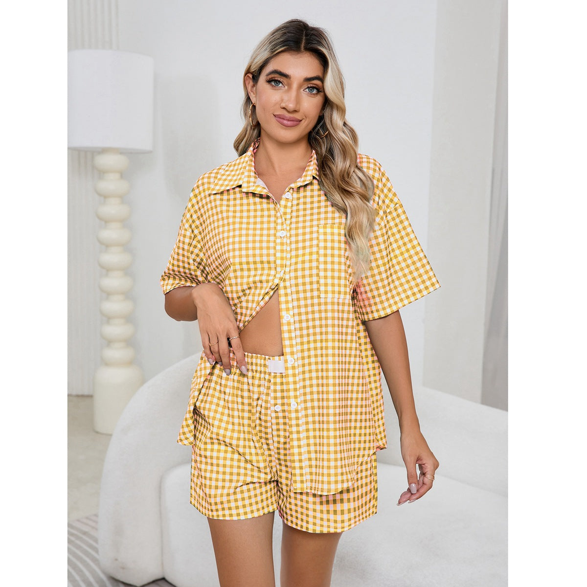 Comfortable High Waist Loose Wide Legs Retro Plaid Shorts Checked Shirt