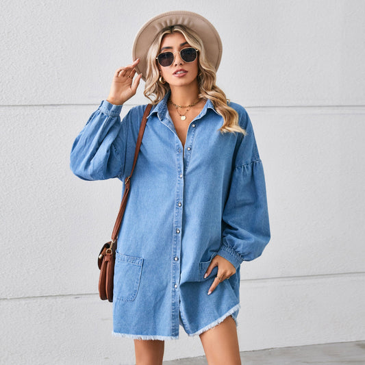 Loose Denim Long Sleeve Frayed Dress Midi Dress