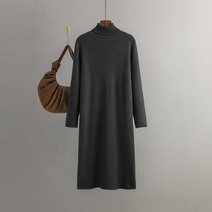 Knitted Dress Autumn Winter Mid Length Loose Turtleneck Color Base Sweater Dress