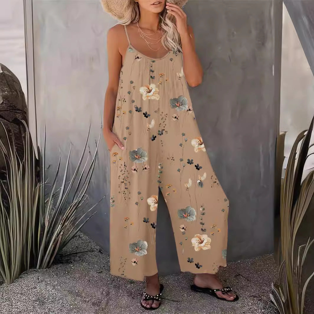 Spring Summer Suspender Trousers Autumn Best Printed Sleeveless Jumpsuit