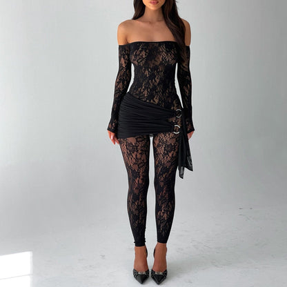 See Through Wrapped Chest Long Sleeve Lace Off Shoulder Tube Top Tight Jumpsuit