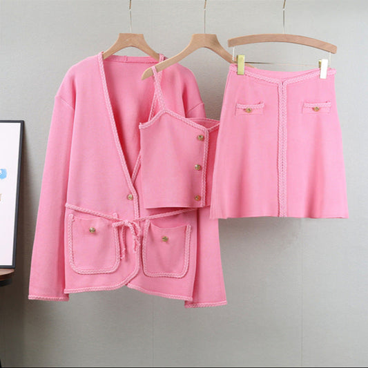 Pink – Knit Long Sleeve Cardigan Three Piece Set