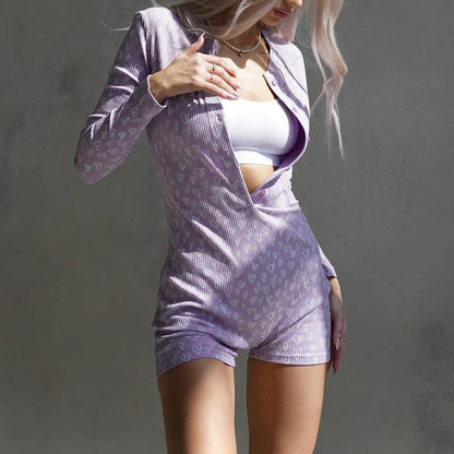Printed Tight Romper Button Top Long Sleeve V Neck