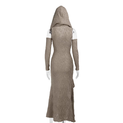 Wannathis Avant-garde Hooded Maxi Dress - Taupe Cold Shoulder Gown With Ruffle Detail