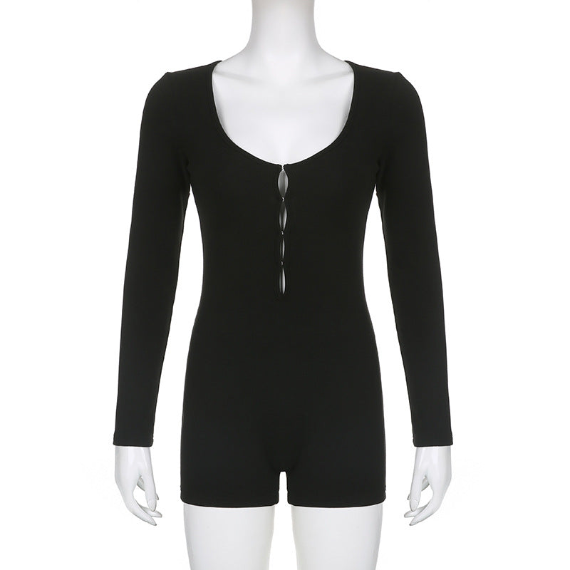 Color Basic Hollow Out Cutout Slim Long Sleeve Jumpsuit Clothing Autumn