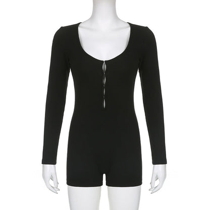 Color Basic Hollow Out Cutout Slim Long Sleeve Jumpsuit Clothing Autumn