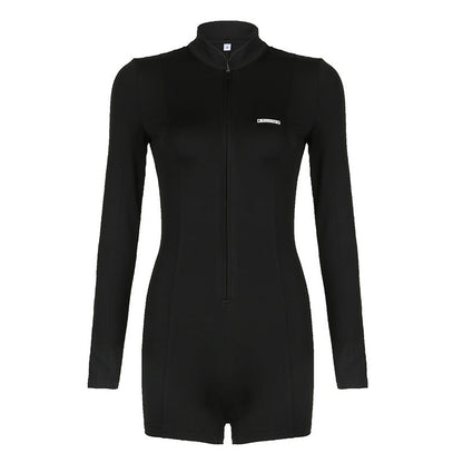 Street Stand Collar Split Zipper Tight Shark Jumpsuit Autumn Sports Long Sleeve Top