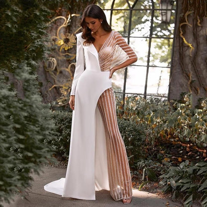 Spring Clothing V Neck Patchwork Lace Irregular Asymmetric Dress Dress Color Jumpsuit