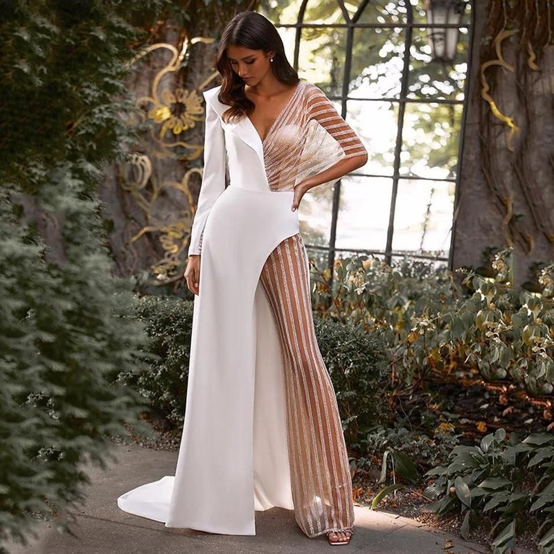 Spring Clothing V Neck Patchwork Lace Irregular Asymmetric Dress Dress Color Jumpsuit