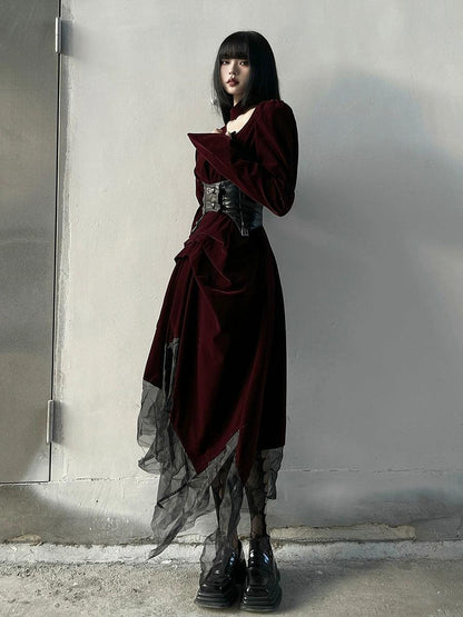 Ladyghost Gothic Victorian Maxi Dress - Burgundy Velvet and Black Mesh Layered Gown With Corset Belt