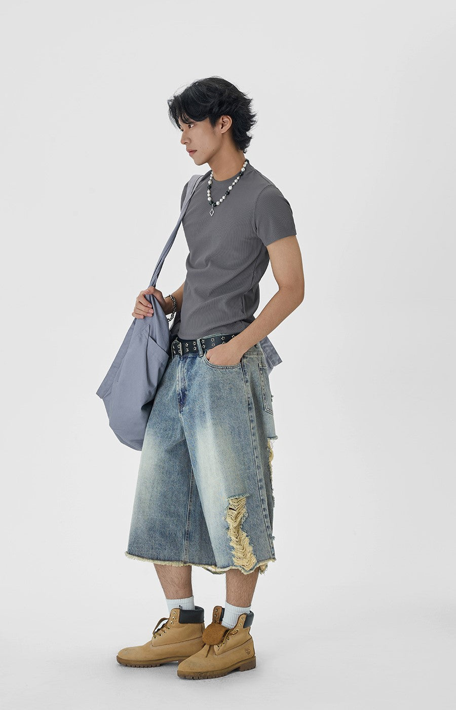 Distressed Wide Leg Denim Capri Cut Shorts