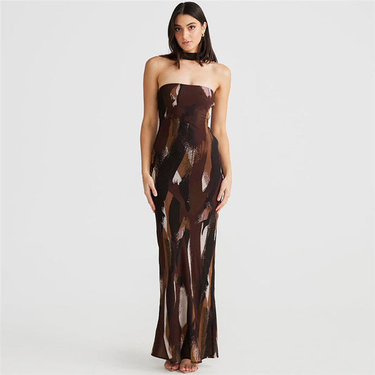 Spring Tube Top Bare Back Dress Printed Figure Slim Fit Maxi Dress