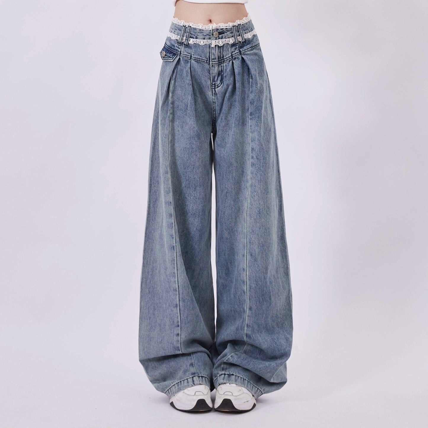 Rayohopp High-waisted Wide Leg Denim Jeans - Wash Pleated Palazzo Pants With Relaxed Fit