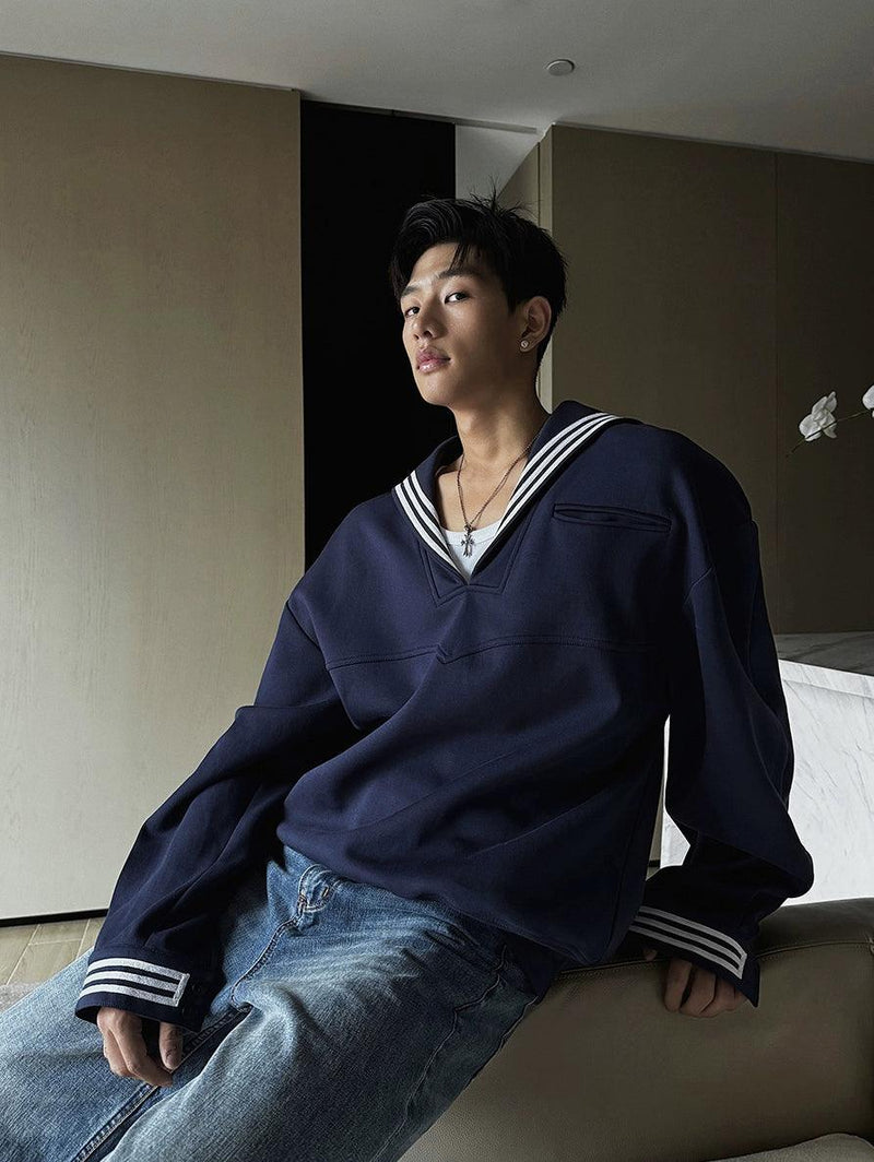 Weave Studio Navy Blue Sailor Collar Sweatshirt - Oversized Nautical V-neck Pullover