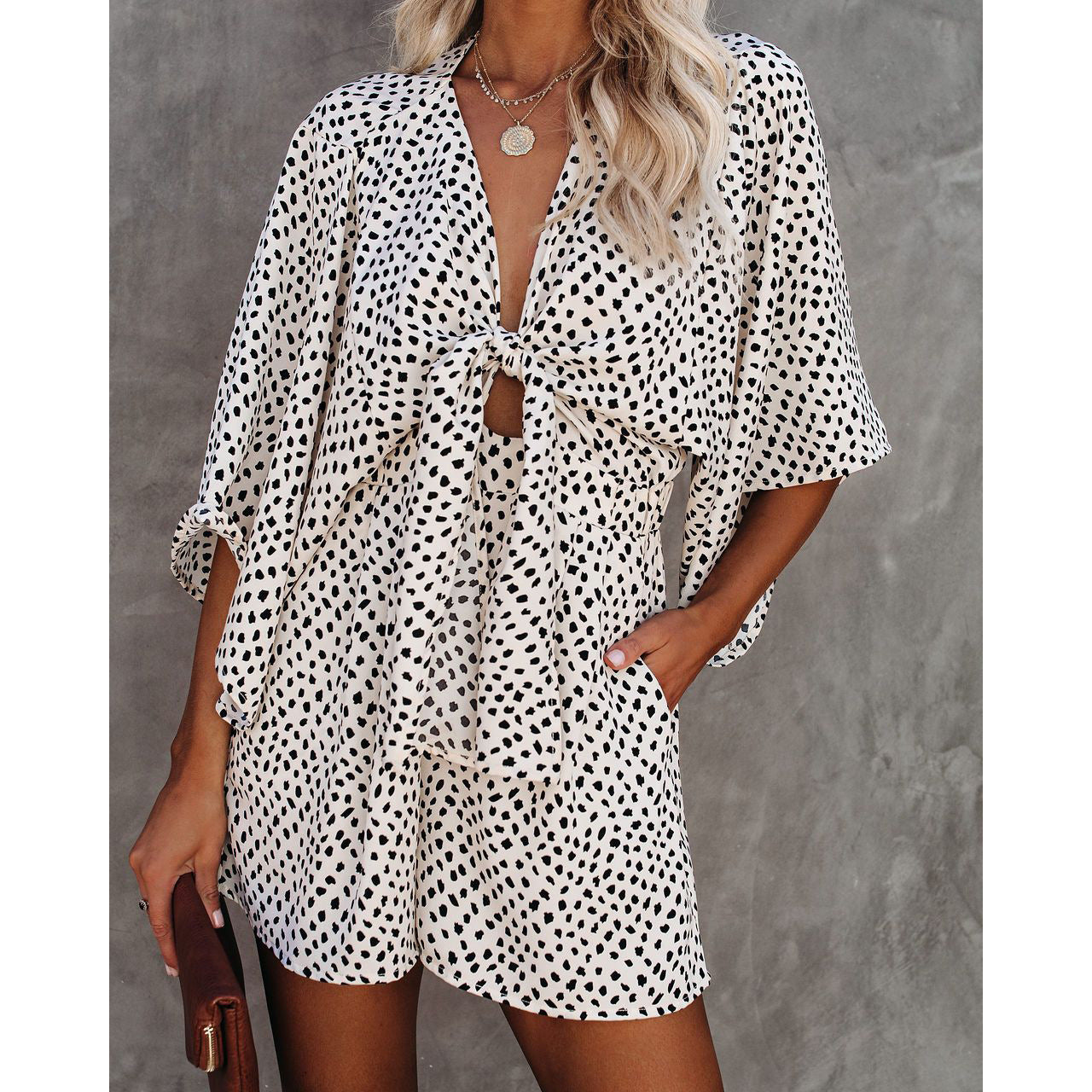 Spring Summer V Neck Lace Up Loose Jumpsuit Home Vacation Jumpsuit for