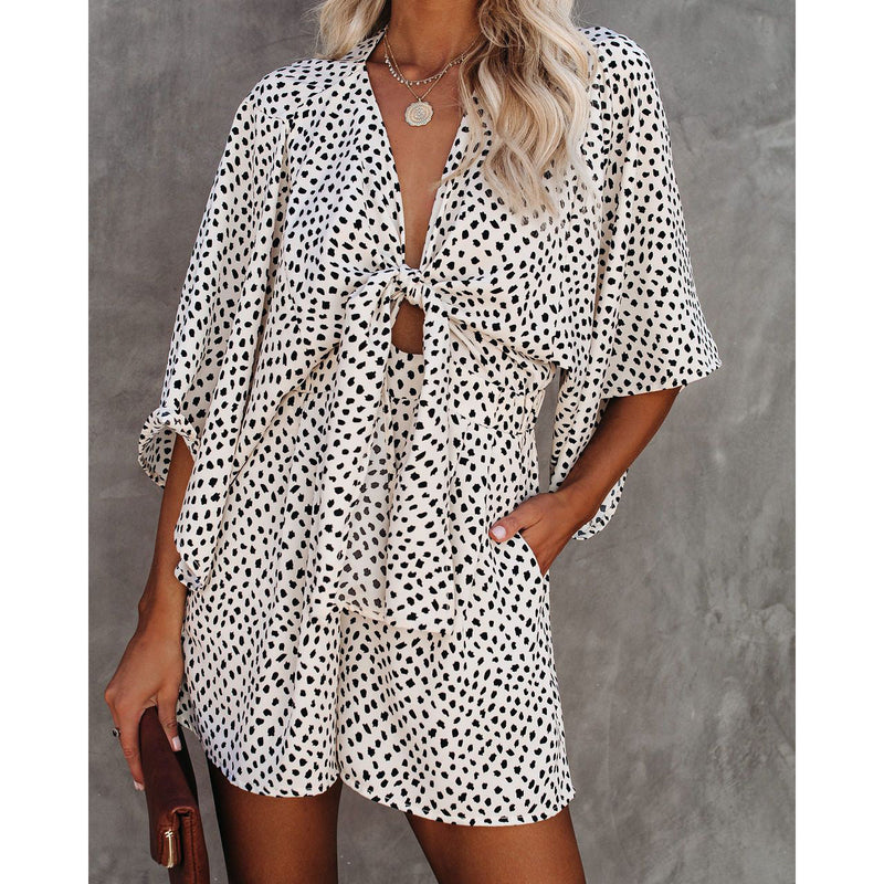 Spring Summer V Neck Lace Up Loose Jumpsuit Home Vacation Jumpsuit for