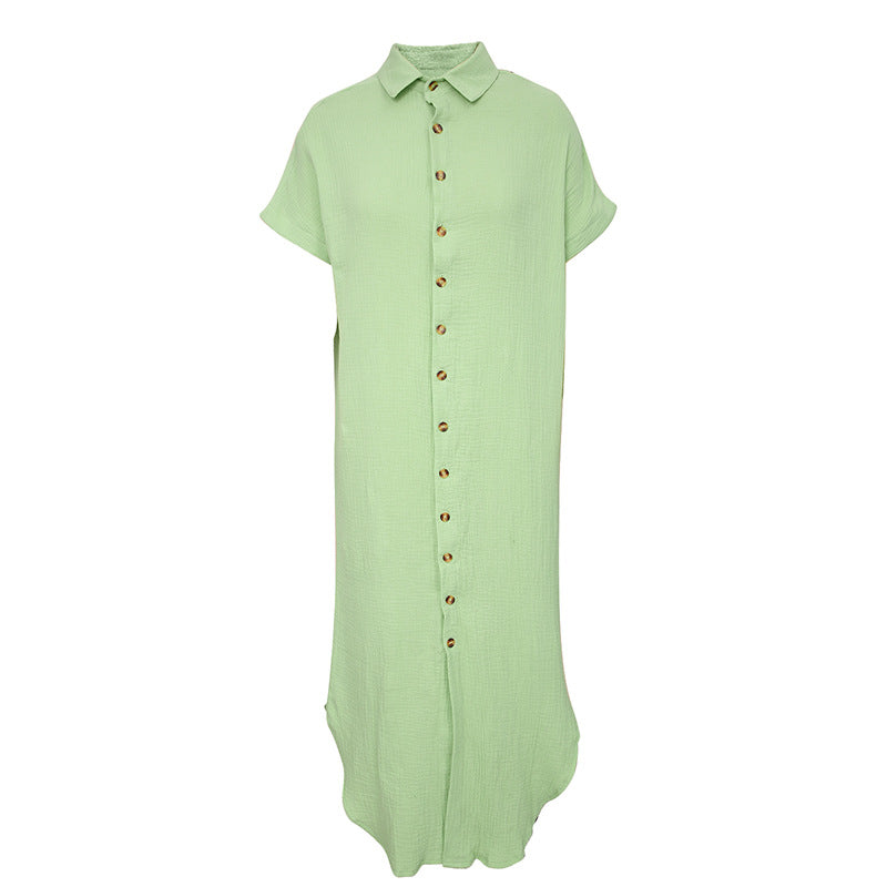 Color Shirt Simple Summer Long V-neck Single Breasted Short Sleeve Cardigan Shirt