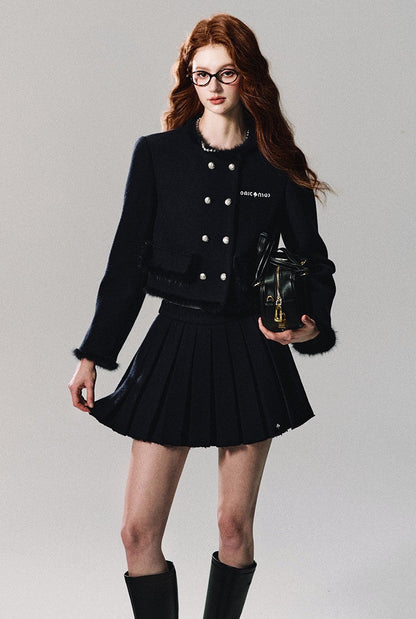 Double Breasted Tweed Jacket/pleated Skirt