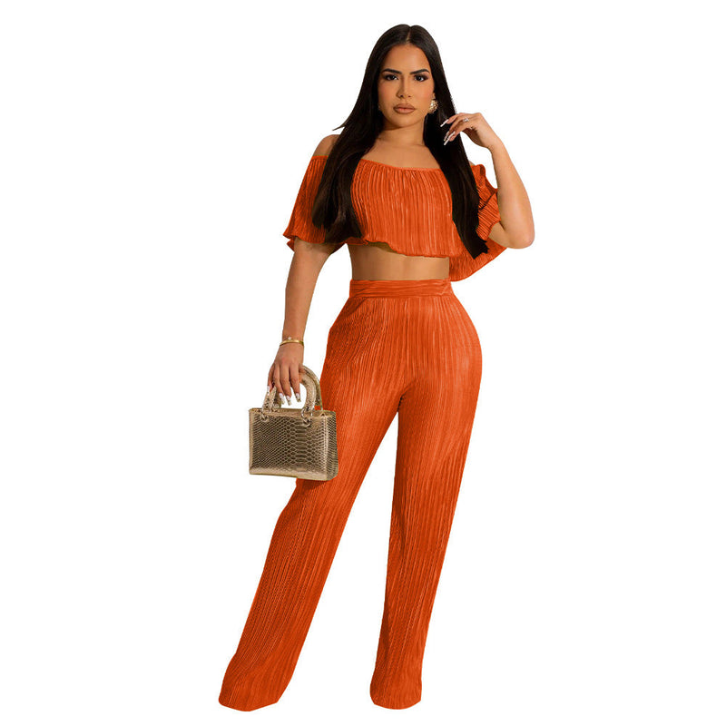 Clothing Popular Pleated Ruffled Off Shoulder Wide Leg Pants Suit
