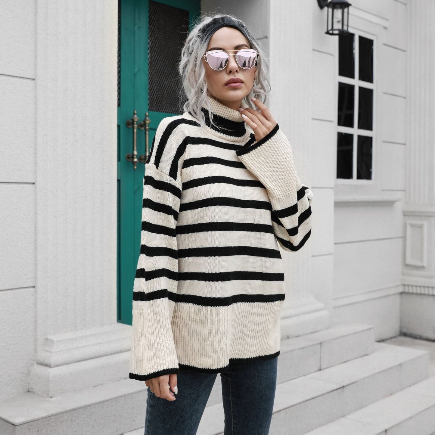 Popular Striped Bottom Slit High Collar Mid Length Loose Fall Winter Sweater