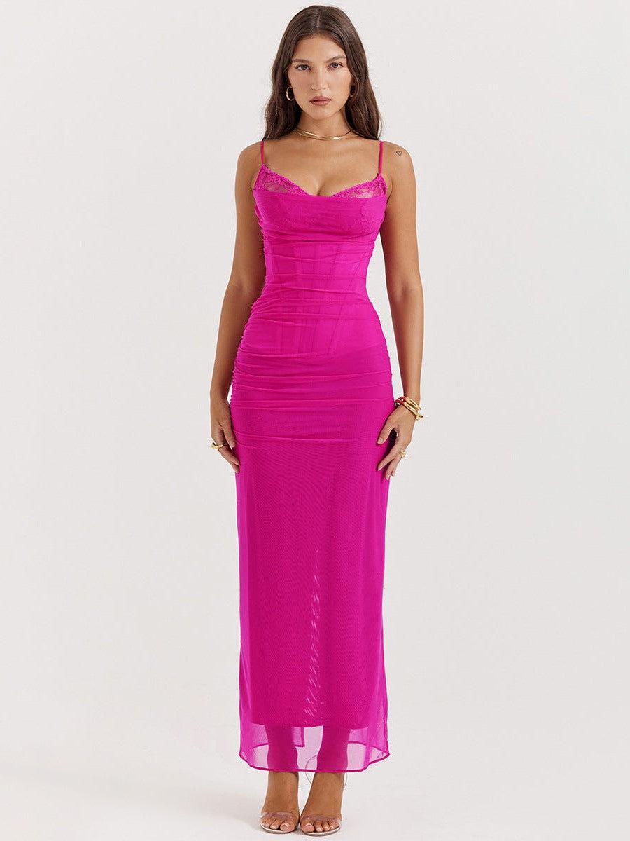 Boning Corset Mesh Lace Stitching Split Maxi Dress