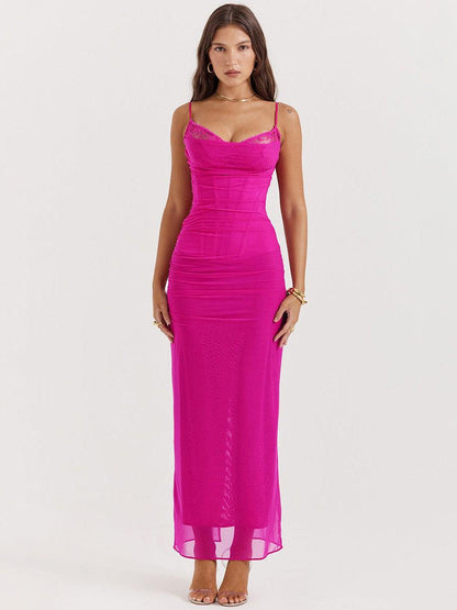 Boning Corset Mesh Lace Stitching Split Maxi Dress