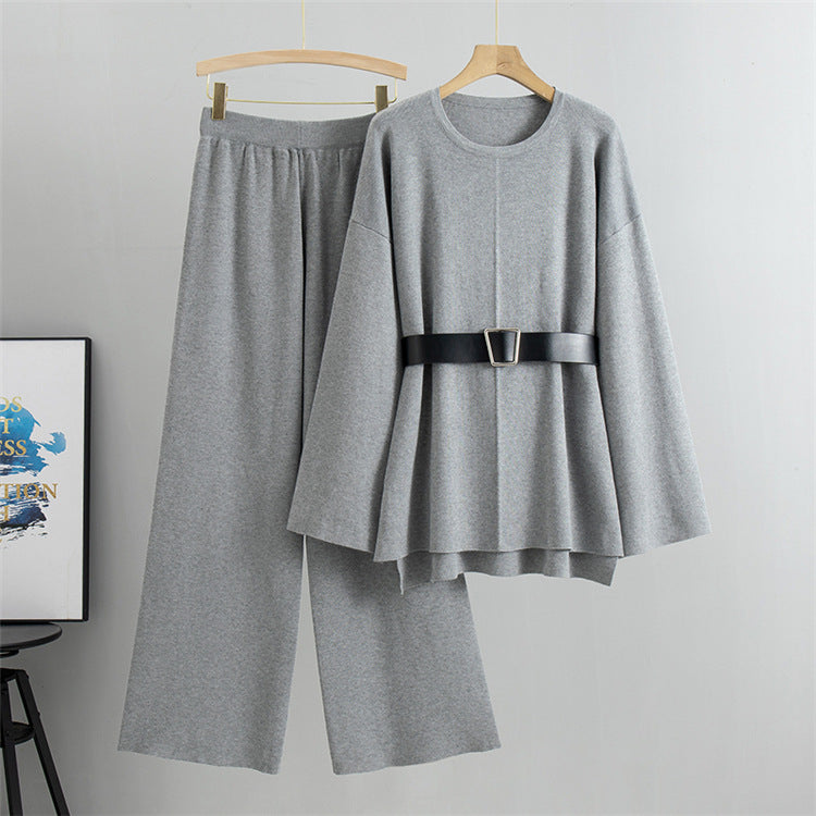 Gray - Knitted Wide-leg Pants & Sweater Two Piece Set