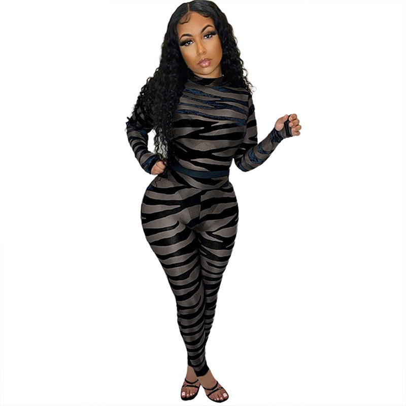 Clothing Striped Printed Sheer Mesh Jumpsuit