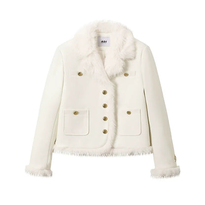 Ivory Boucle Jacket: Faux Fur Trim Cropped Coat With Gold Buttons