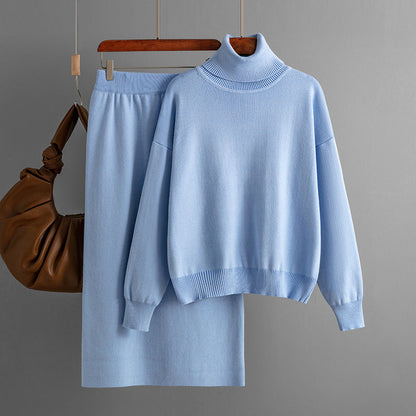 Color Turtleneck Sweater Sheath Skirt Two Piece Set Autumn Winter Knitting Suit